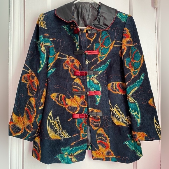 Butterflies Print Jacket Blazer Lining Chinese Buttons and Round Neck Collar - Picture 2 of 9